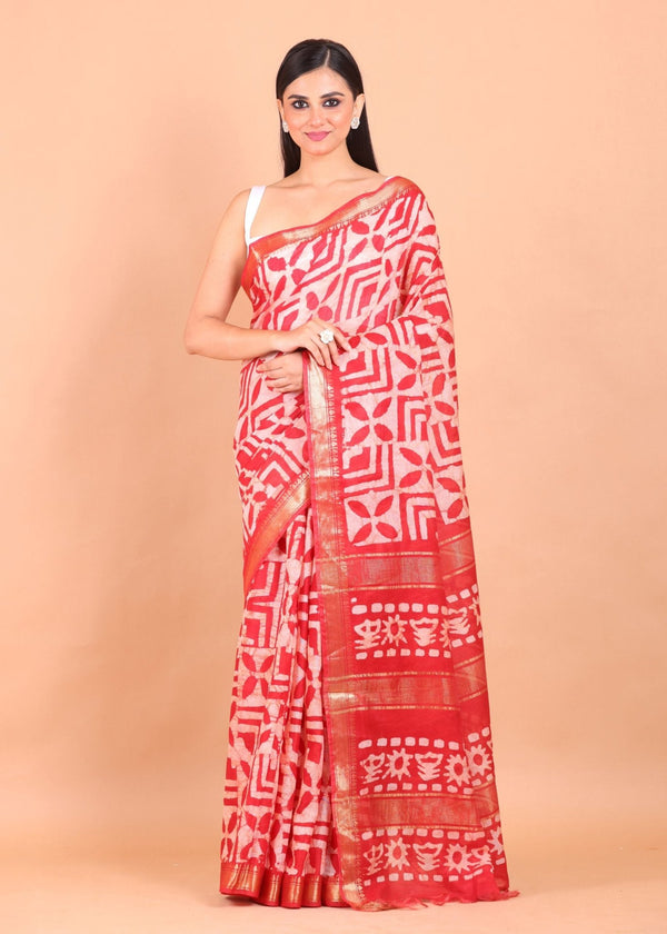 Red Cotton Silk Batik Saree - Anvi Couture