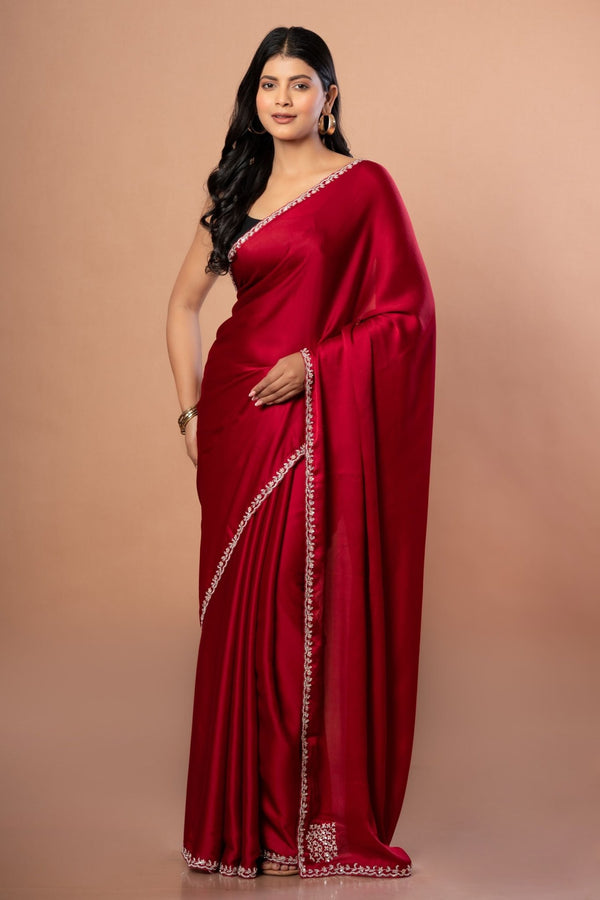 Red Designer Satin Silk Hand Embroidered Saree - Anvi Couture