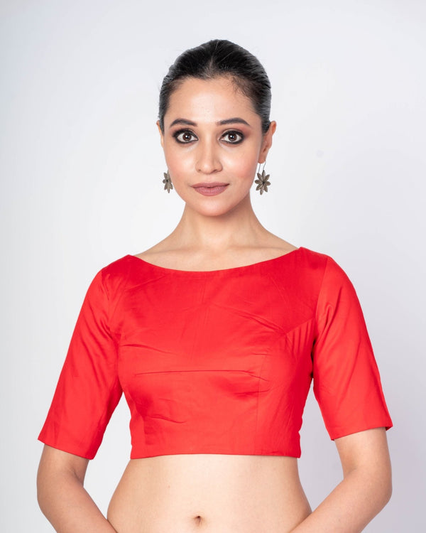Red Half Sleeves Boat Neck Cotton Silk Blouse With Back Clouser - Anvi Couture