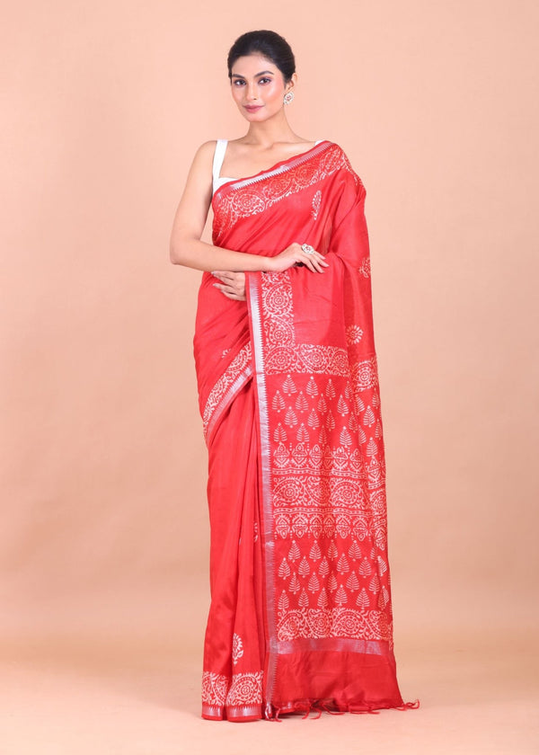 Red Handblock Printed Saree - Anvi Couture