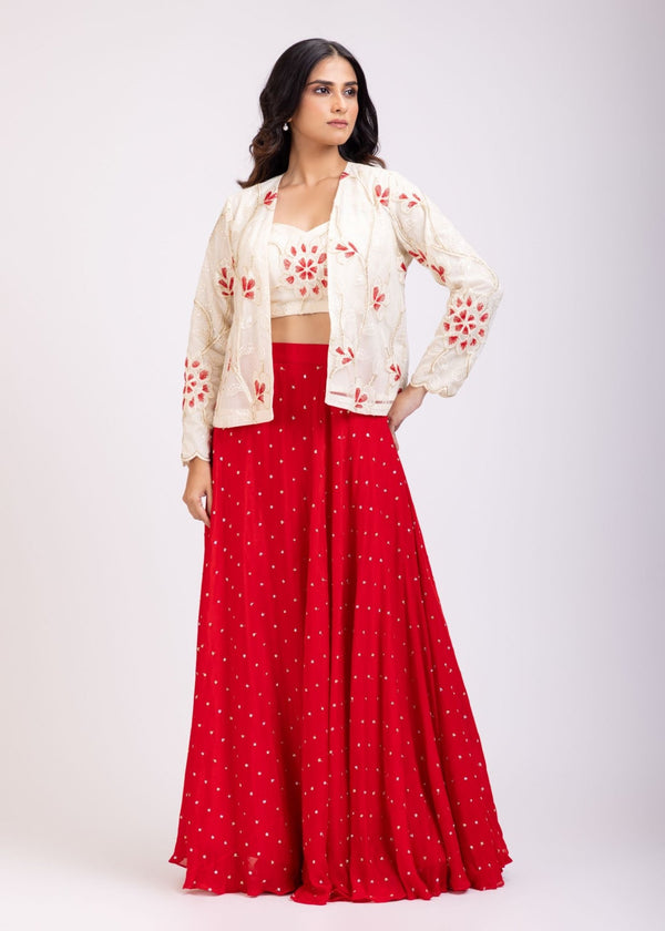 Red Lehenga and White Embroidered Jacket Set - Anvi Couture