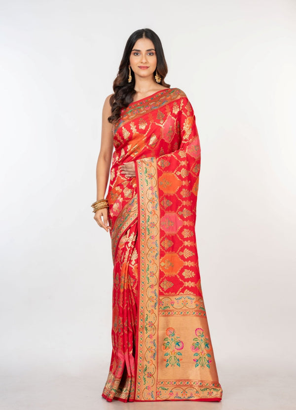 Red Orange Paithani Silk Saree - Anvi Couture