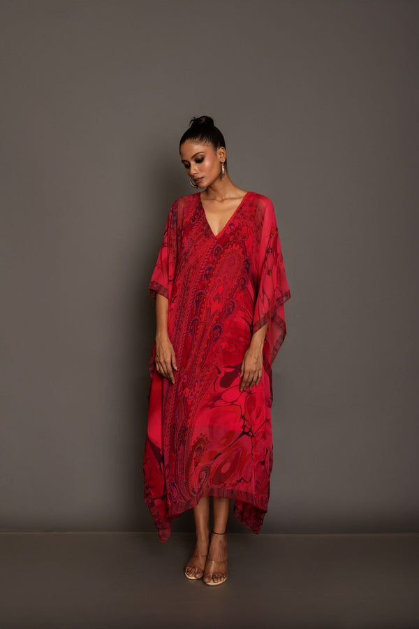 Red Printed Kaftan Dress - Anvi Couture