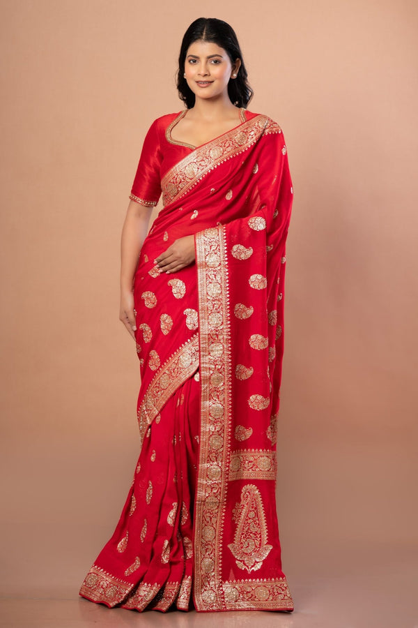 Red Wedding Banarasi Saree With All Over Zari woven - Anvi Couture