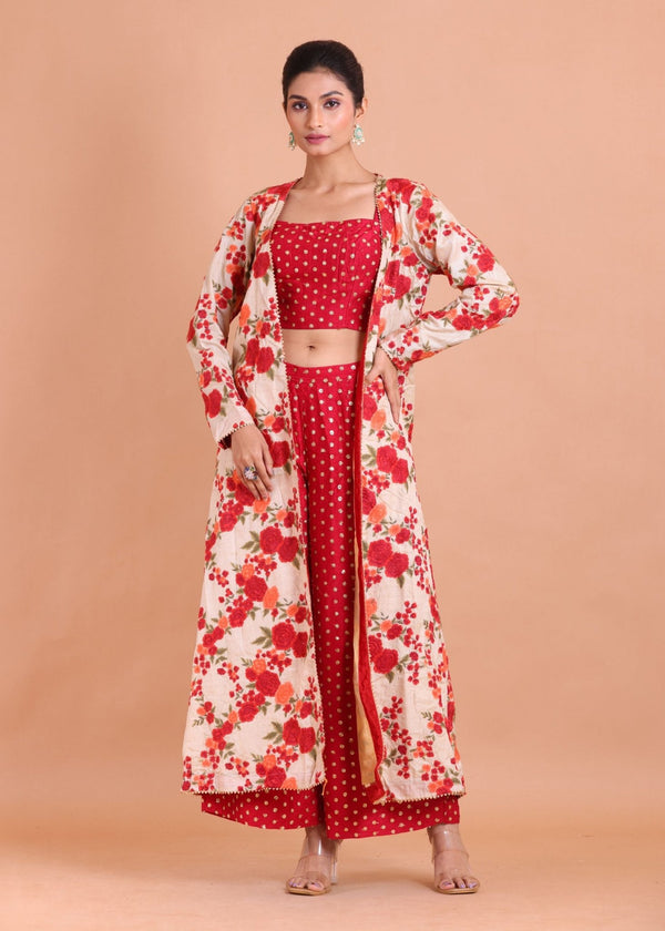 Red and Gold Co-Ord Set with Floral Embroidered Jacket - Anvi Couture