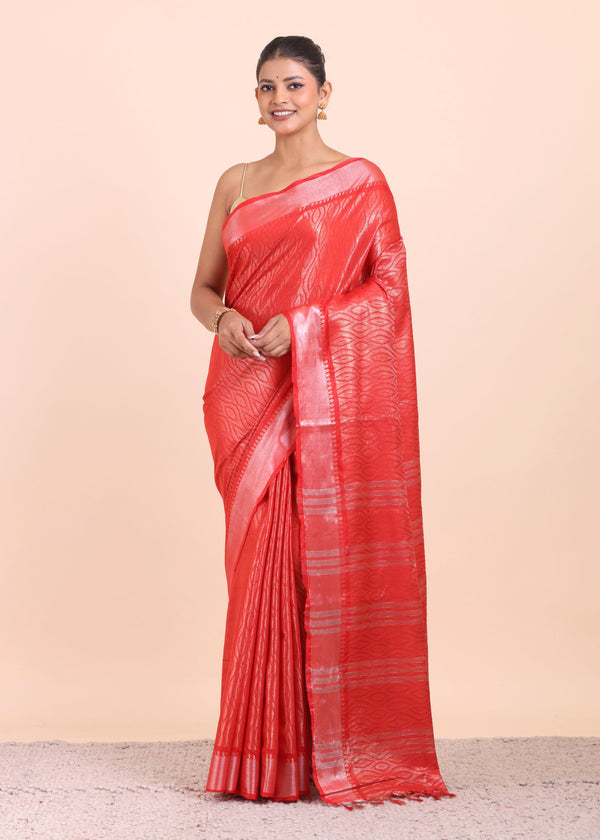 Red and Silver Handloom Tissue Saree - Anvi Couture