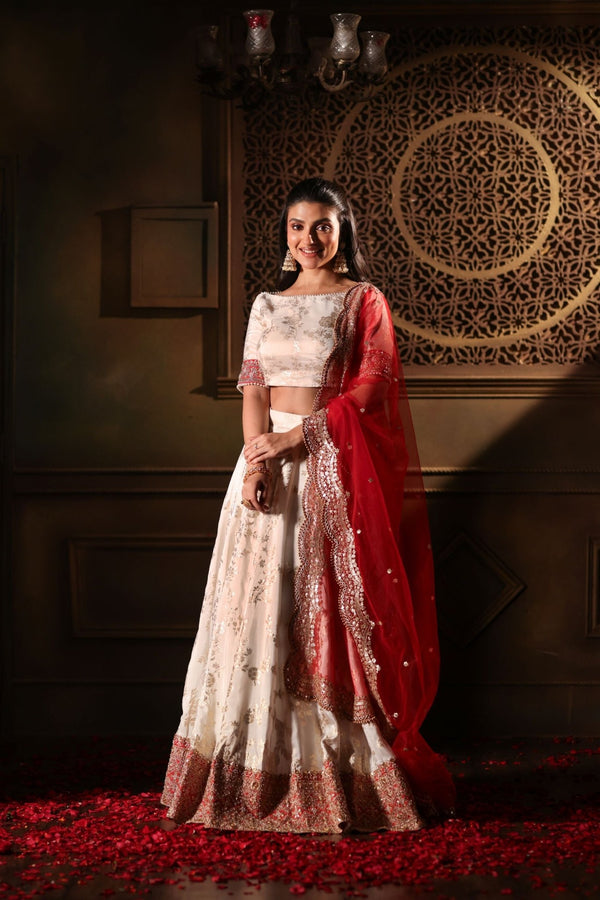 Red and White Lehenga Choli Set - Anvi Couture
