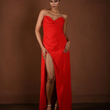 Red Strapless Evening Gown with Thigh High Slit - Anvi Couture
