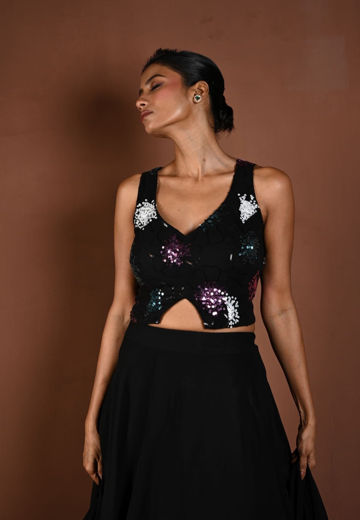 Black Lehenga Set with Matching Sleeveless Sequin Choli - Anvi Couture