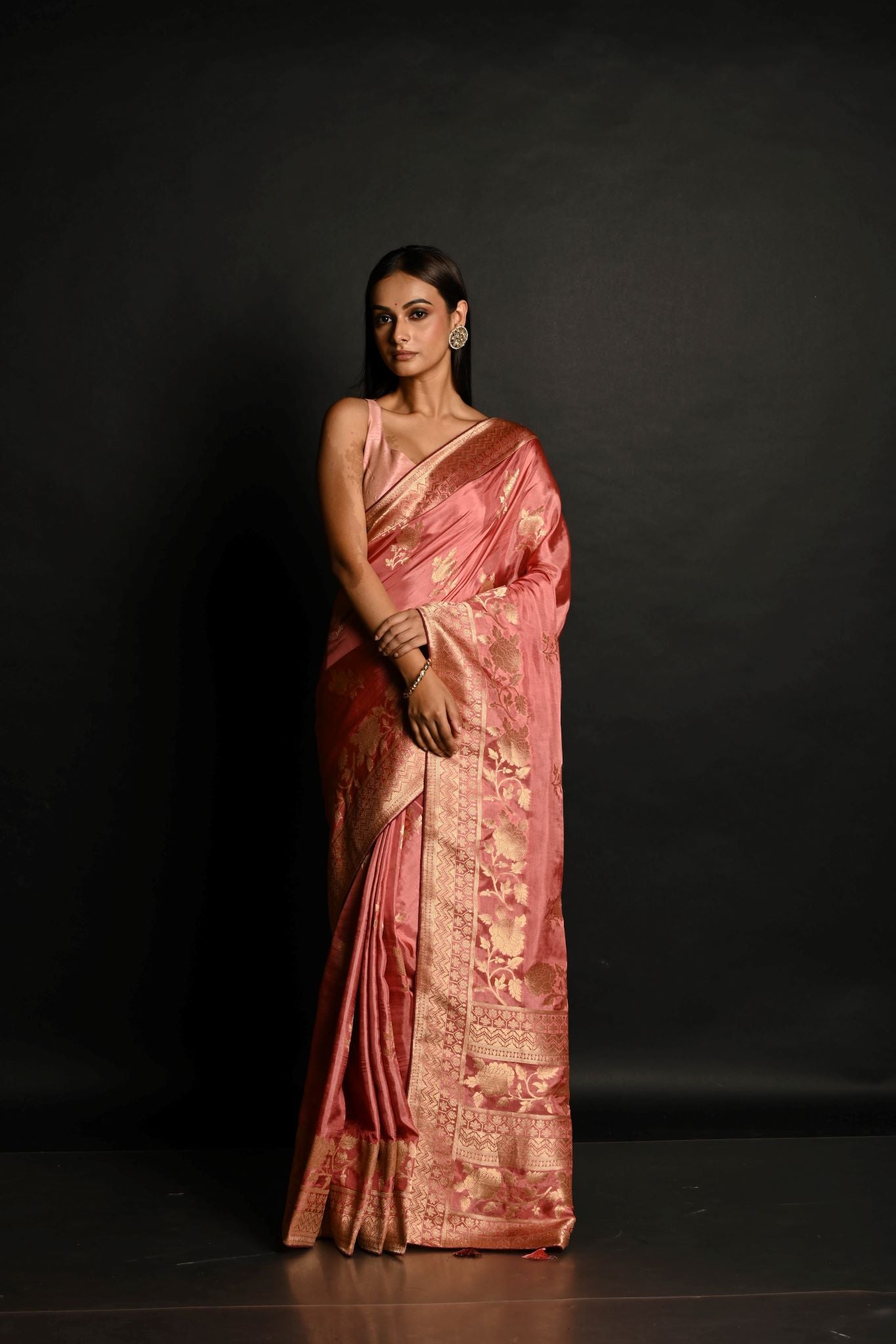 Pink Handwoven Banarasi Satin Silk Saree with Gold Zari - Anvi Couture