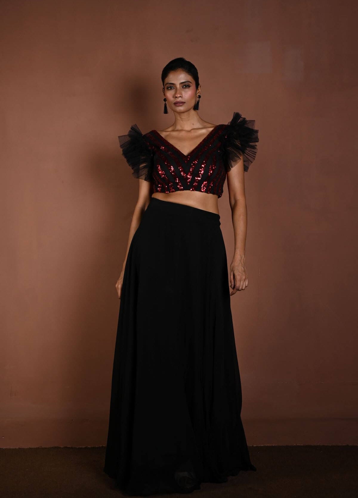 Black Lehenga Set with Red Sequin Work Ruffle Blouse - Anvi Couture