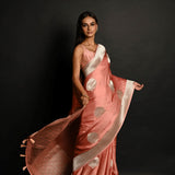 Powder Pink Pure Handloom Banarasi Silk Saree in Silver Zari Weave - Anvi Couture