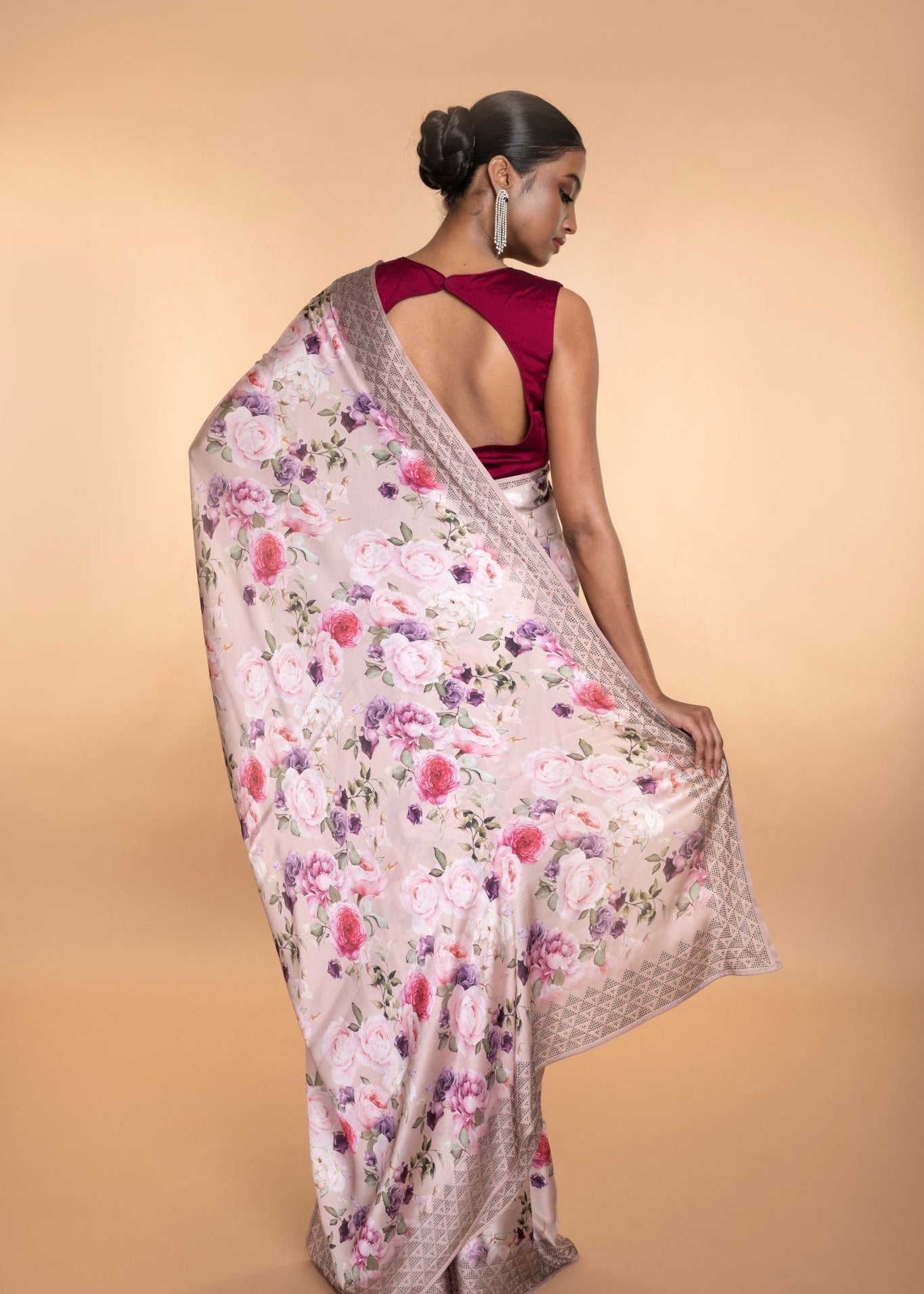 Designer Light Pink Floral Satin Saree with Stone Detailing - Image 3