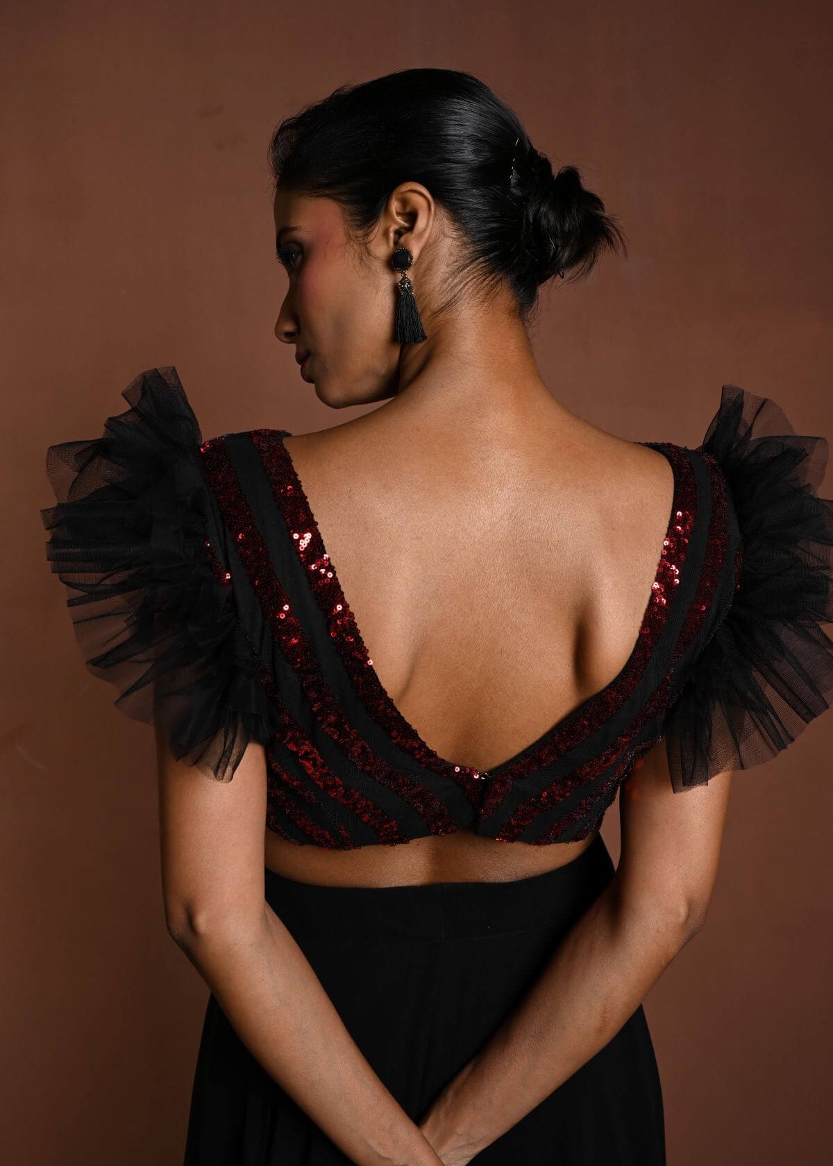 Black Lehenga Set with Red Sequin Work Ruffle Blouse - Anvi Couture