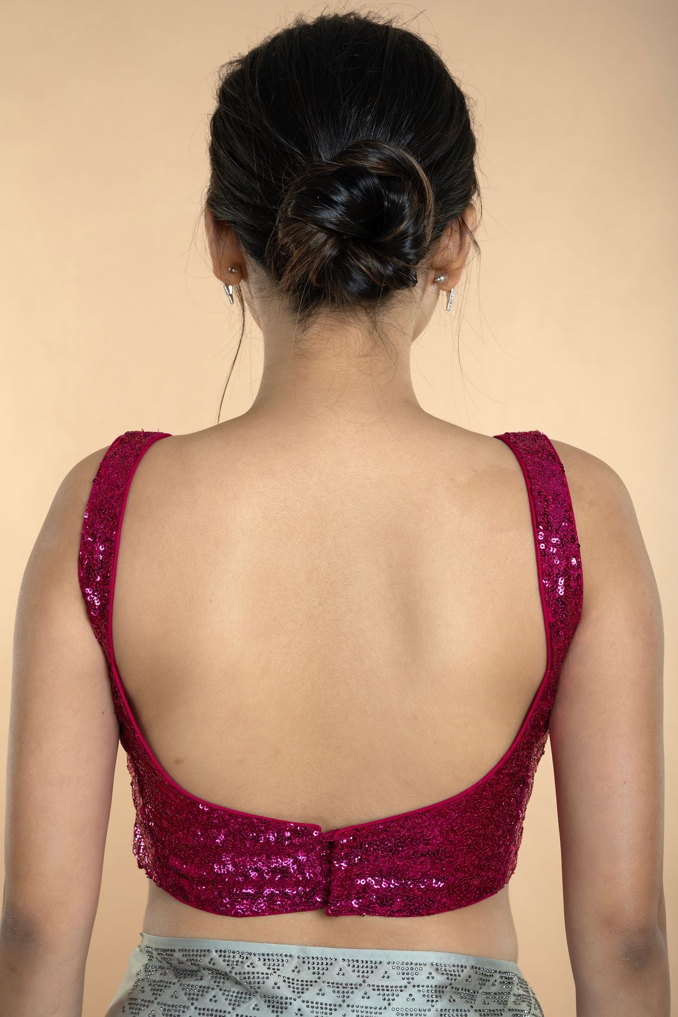 Fushia Pink Sequin Sleeveless Blouse with Scoop Neckline - Anvi Couture