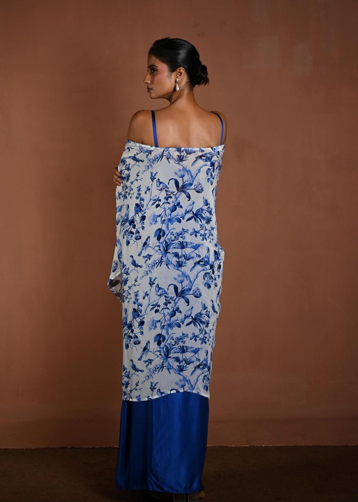 Blue Draped Skirt Set with Matching Blouse and White Cape Jacket - Anvi Couture