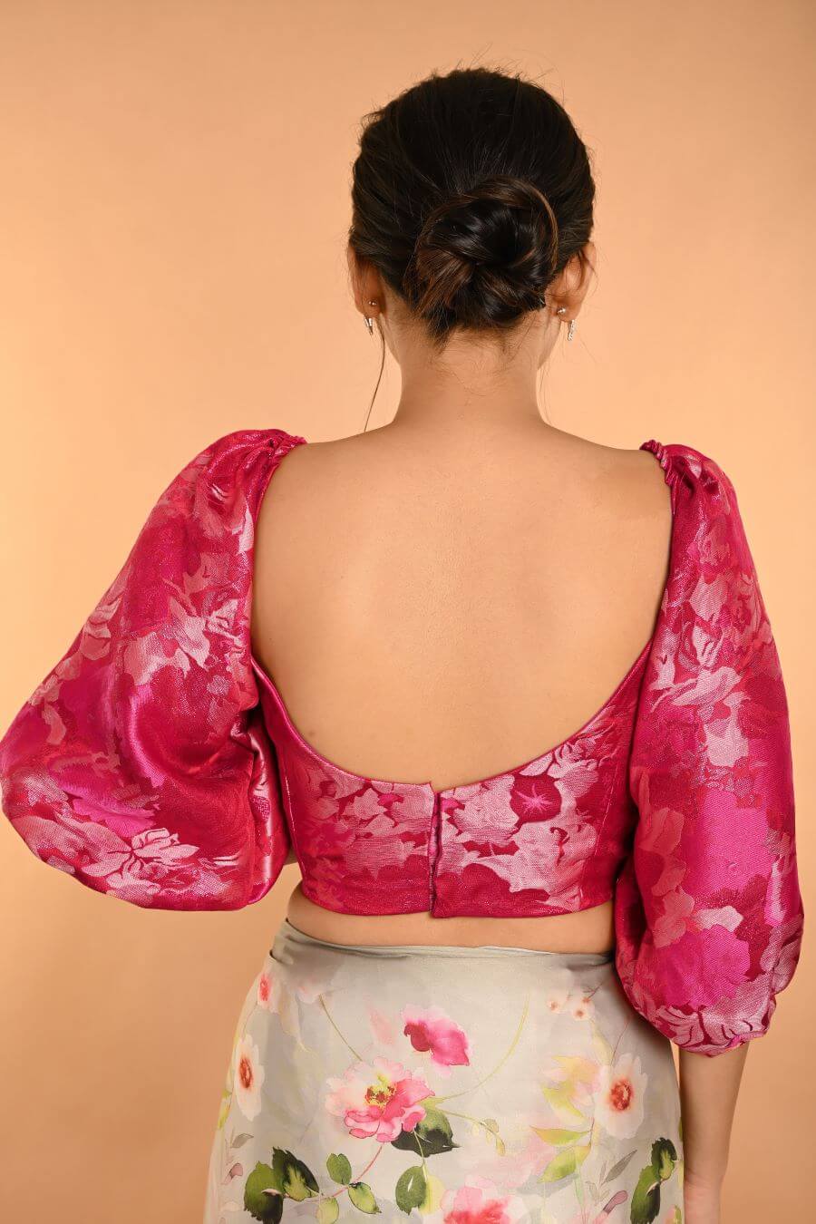 Pink Corset Top in Raw Silk With Three Quarter Sleeves and Sweetheart Neckline
