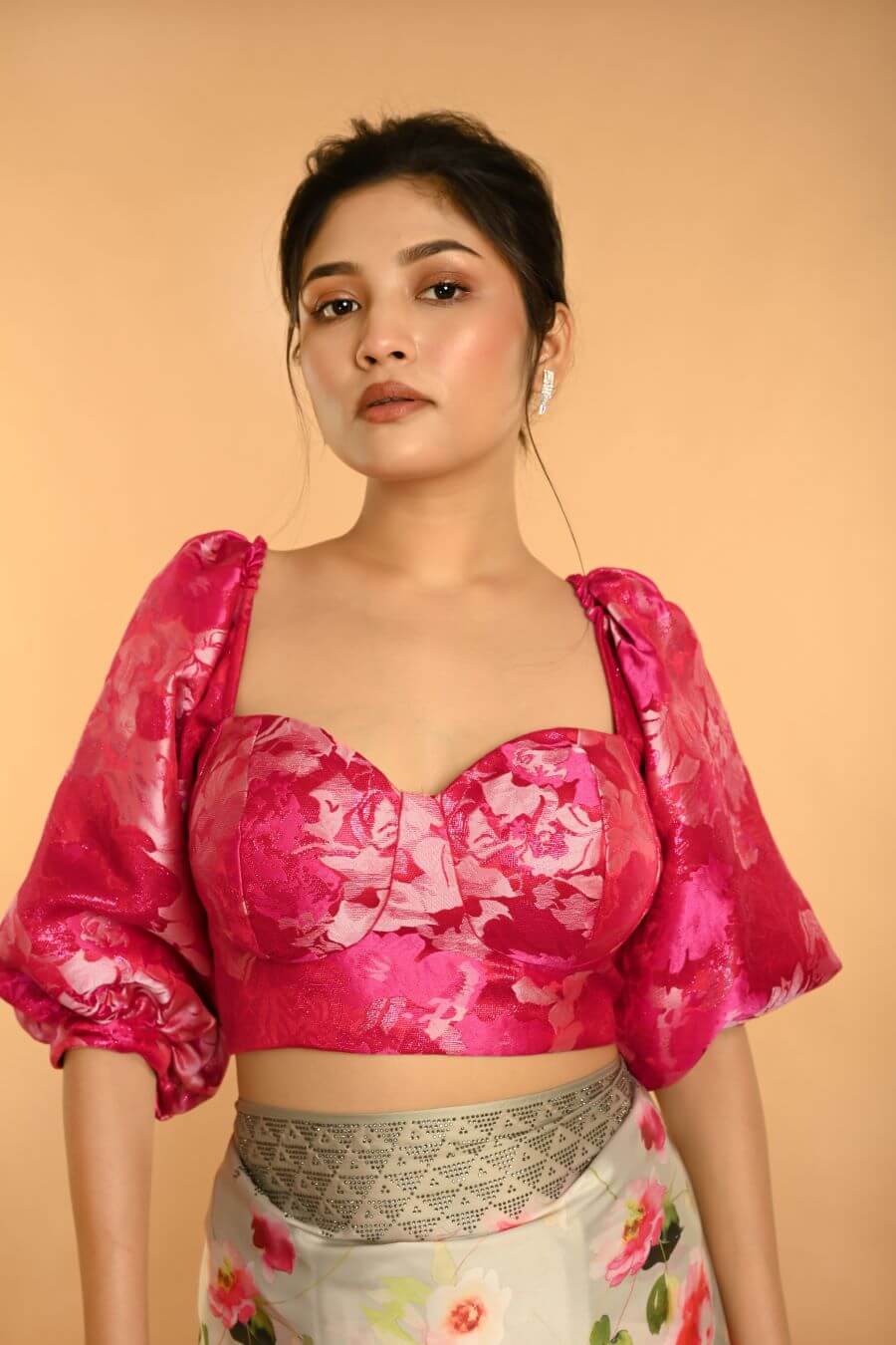 Pink Corset Top in Raw Silk With Three Quarter Sleeves and Sweetheart Neckline