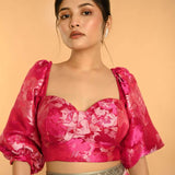 Pink Corset Top in Raw Silk With Three Quarter Sleeves and Sweetheart Neckline