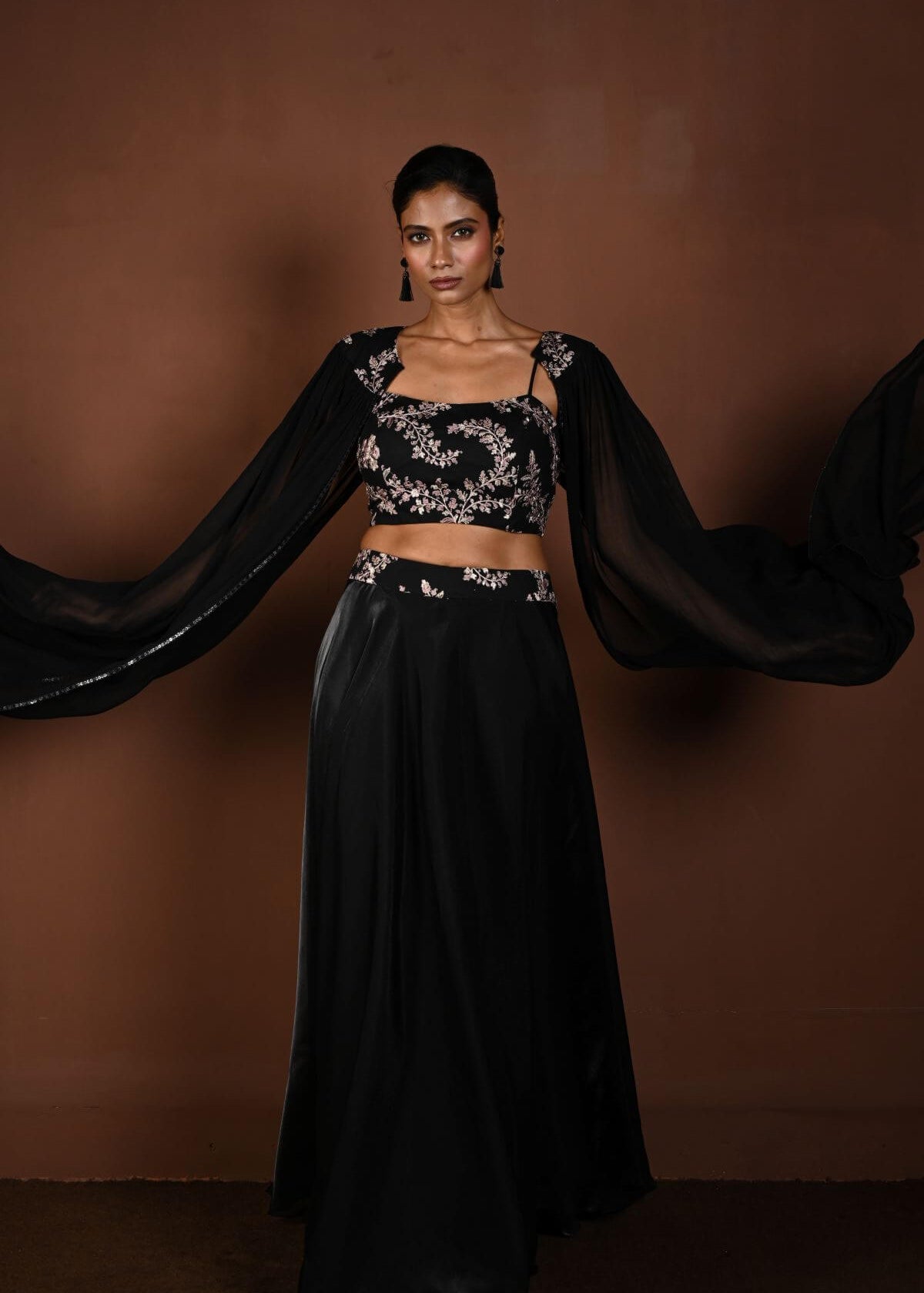 Black Lehenga Set with Embroidered Choli and Cape Sleeves - Anvi Couture