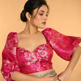 Pink Corset Top in Raw Silk With Three Quarter Sleeves and Sweetheart Neckline
