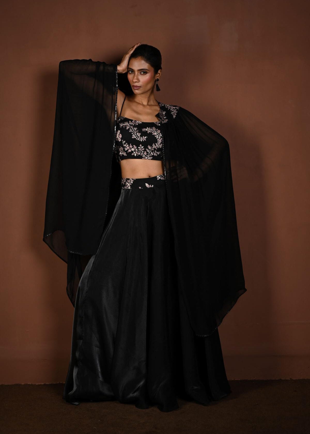 Black Lehenga Set with Embroidered Choli and Cape Sleeves - Anvi Couture