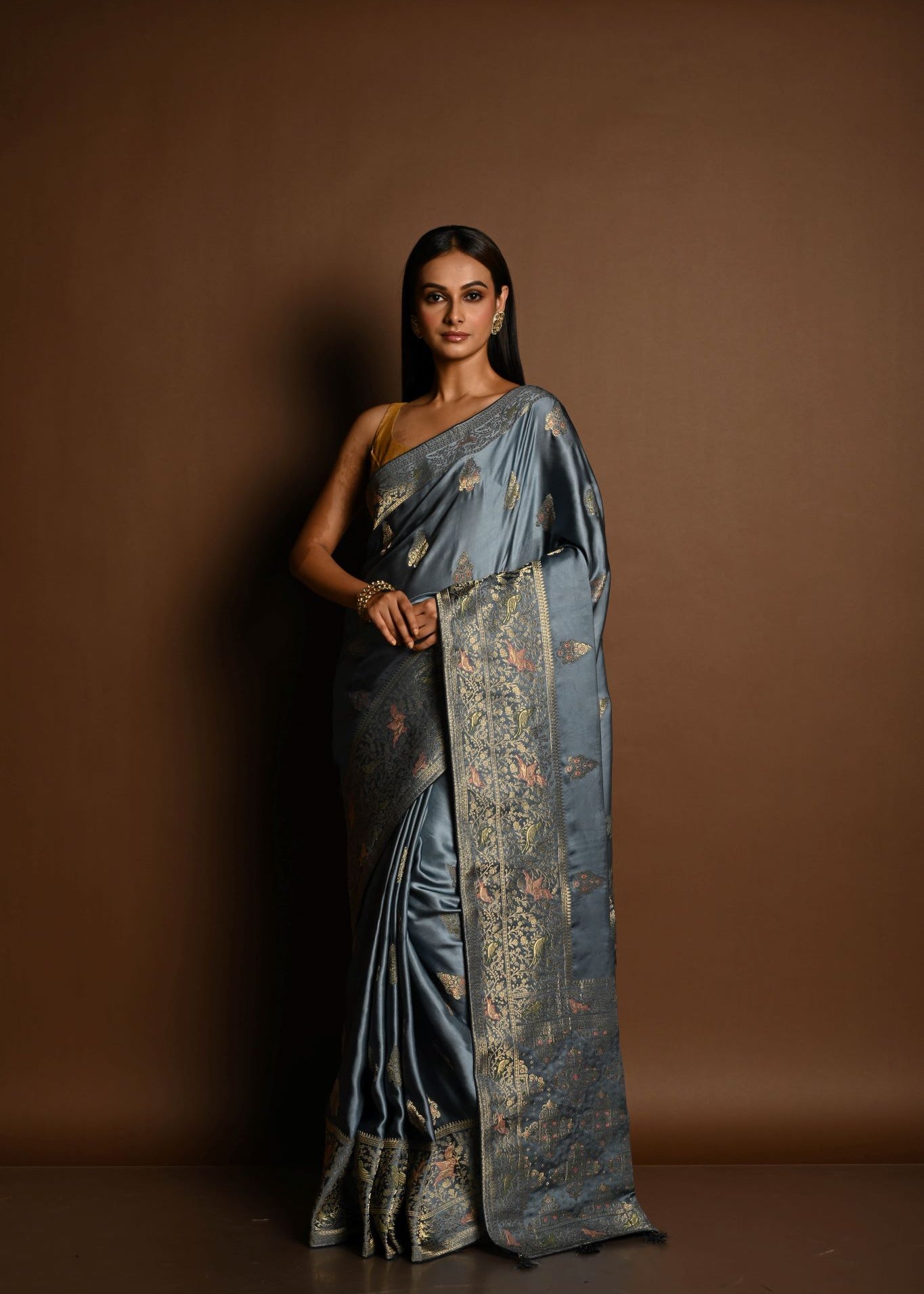 Grey and Gold Meenakari work Satin Silk Handloom Banarasi Saree - Image 1