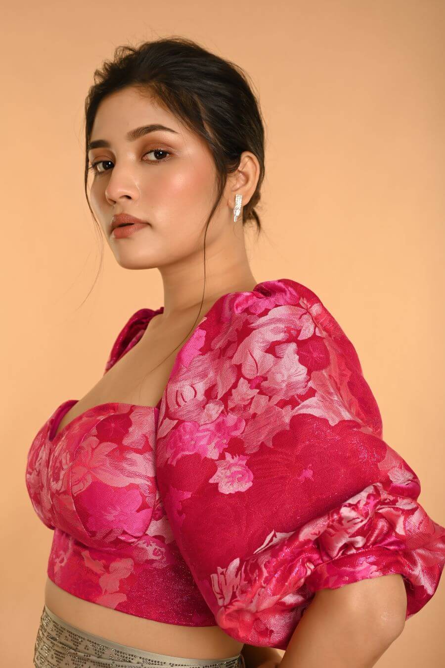 Pink Corset Top in Raw Silk With Three Quarter Sleeves and Sweetheart Neckline