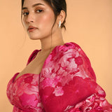 Pink Corset Top in Raw Silk With Three Quarter Sleeves and Sweetheart Neckline