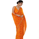 Orange Floral Digital Printed Saree Blouse Set with Cut dana Scallop border - Image 2