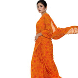 Orange Floral Digital Printed Saree Blouse Set with Cut dana Scallop border - Image 1