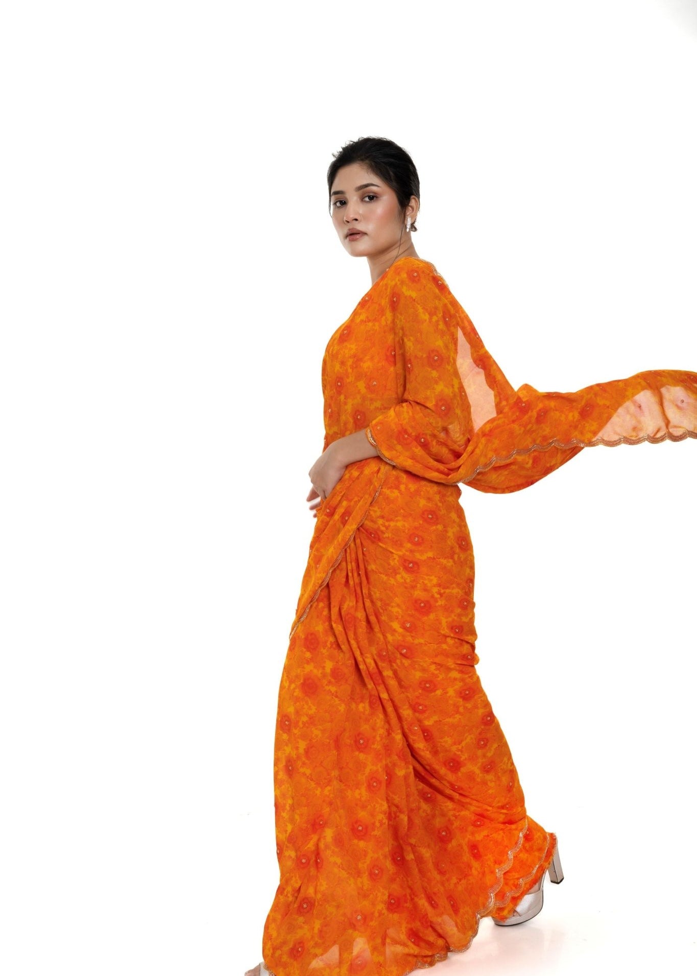 Orange Floral Digital Printed Saree Blouse Set with Cut dana Scallop border - Image 1