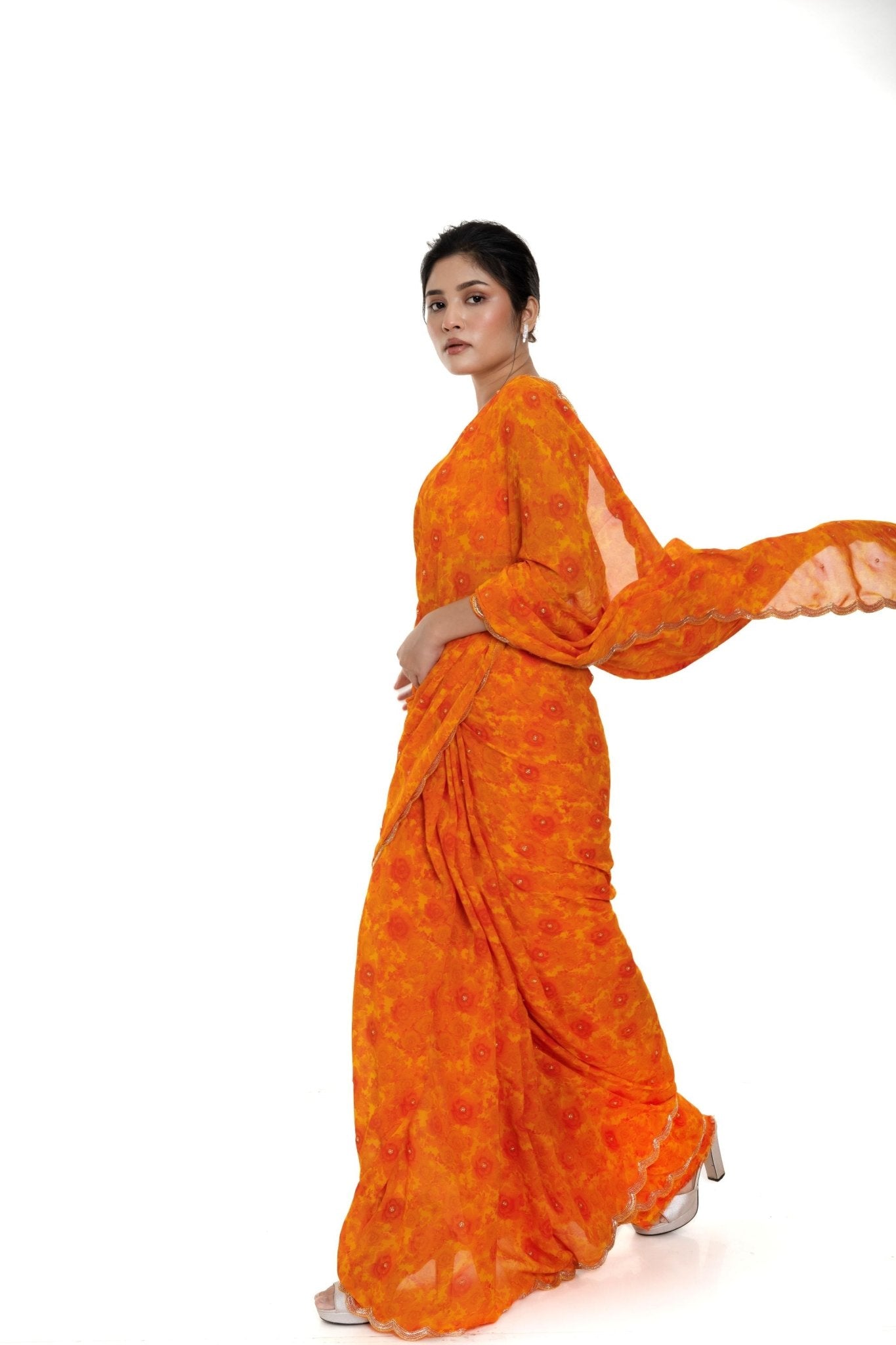 Orange Floral Digital Printed Saree Blouse Set with Cut dana Scallop border - Image 1