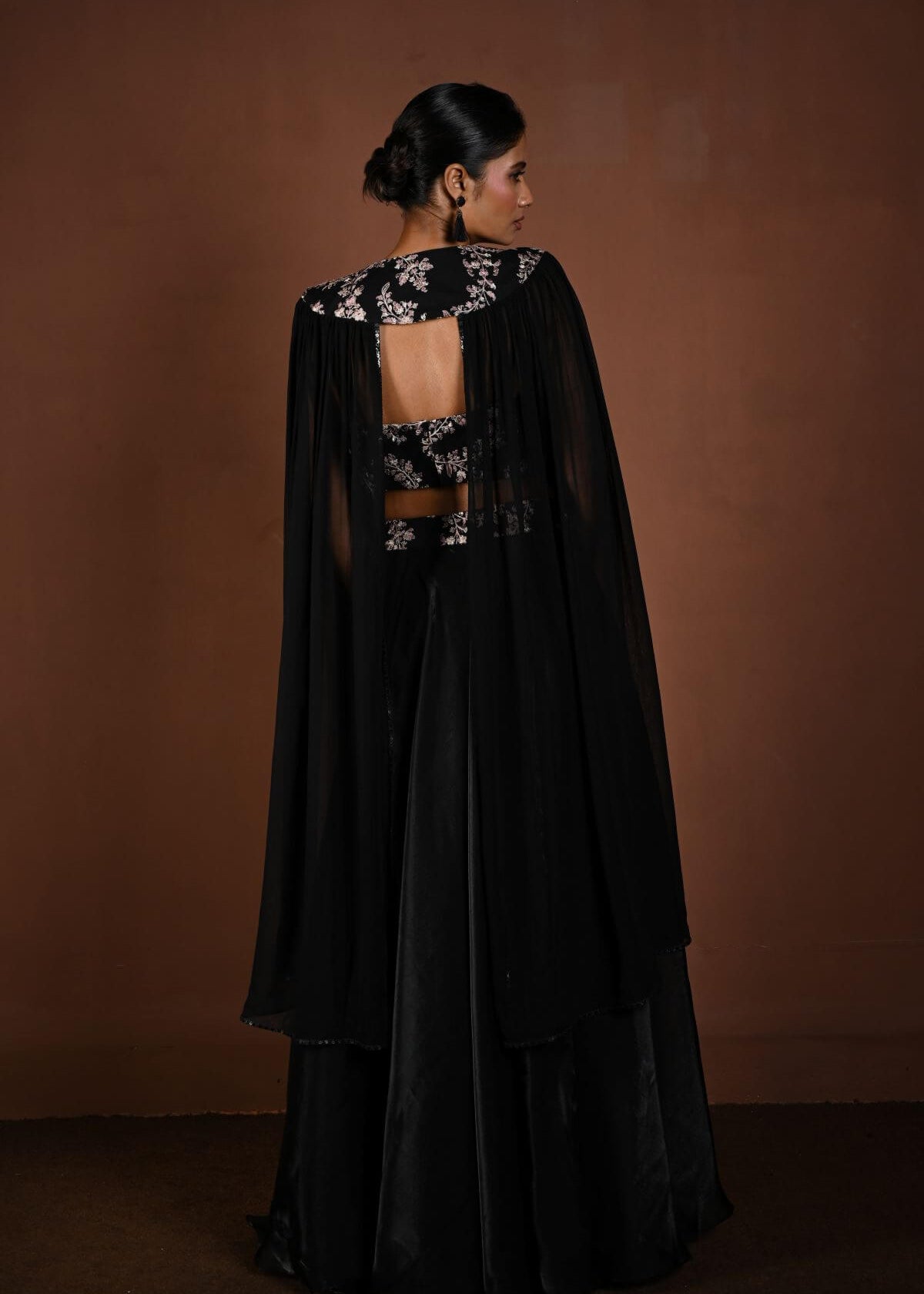 Black Lehenga Set with Embroidered Choli and Cape Sleeves - Anvi Couture