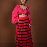Red and Pink Striped Lehenga with Hand Embroidered Bell Sleeve Choli and Choker Dupatta - Anvi Couture