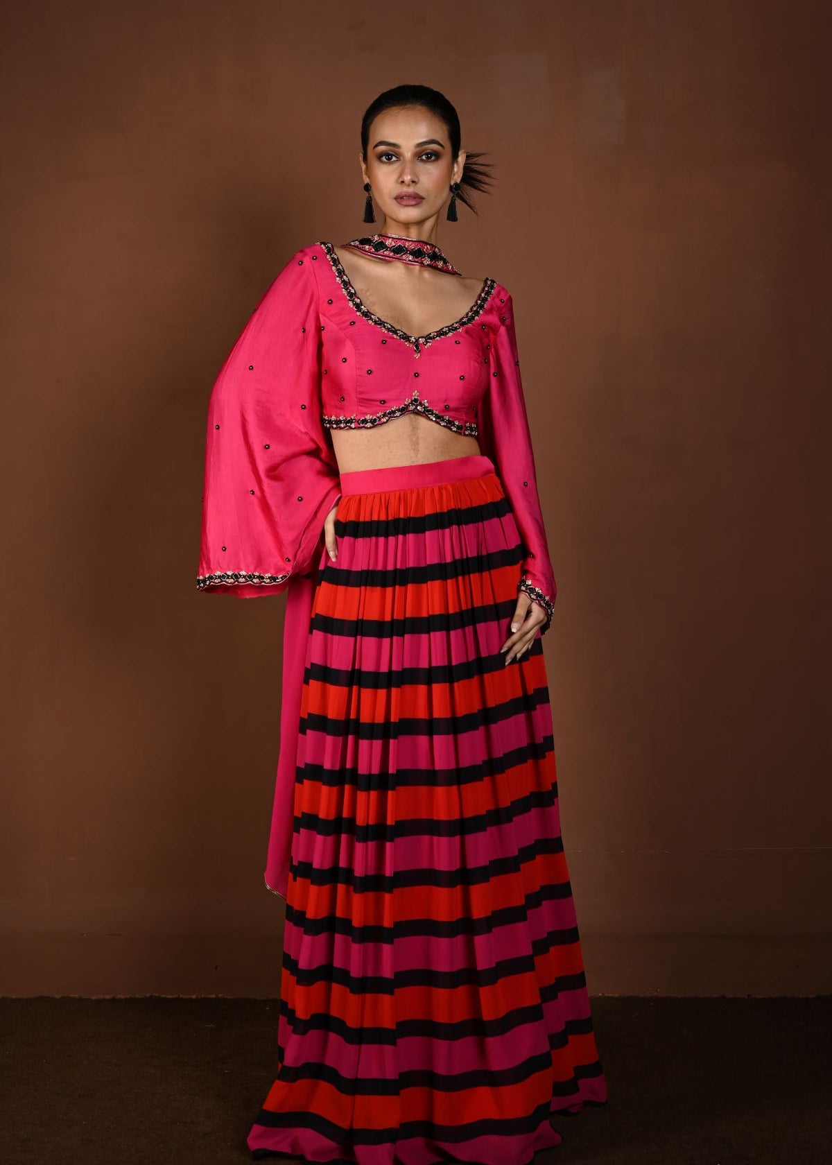 Red and Pink Striped Lehenga with Hand Embroidered Bell Sleeve Choli and Choker Dupatta - Anvi Couture