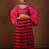 Red and Pink Striped Lehenga with Hand Embroidered Bell Sleeve Choli and Choker Dupatta - Anvi Couture