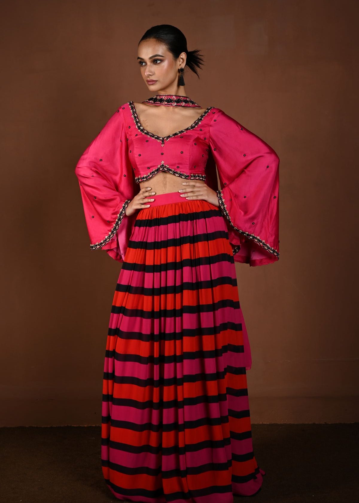 Red and Pink Striped Lehenga with Hand Embroidered Bell Sleeve Choli and Choker Dupatta - Anvi Couture