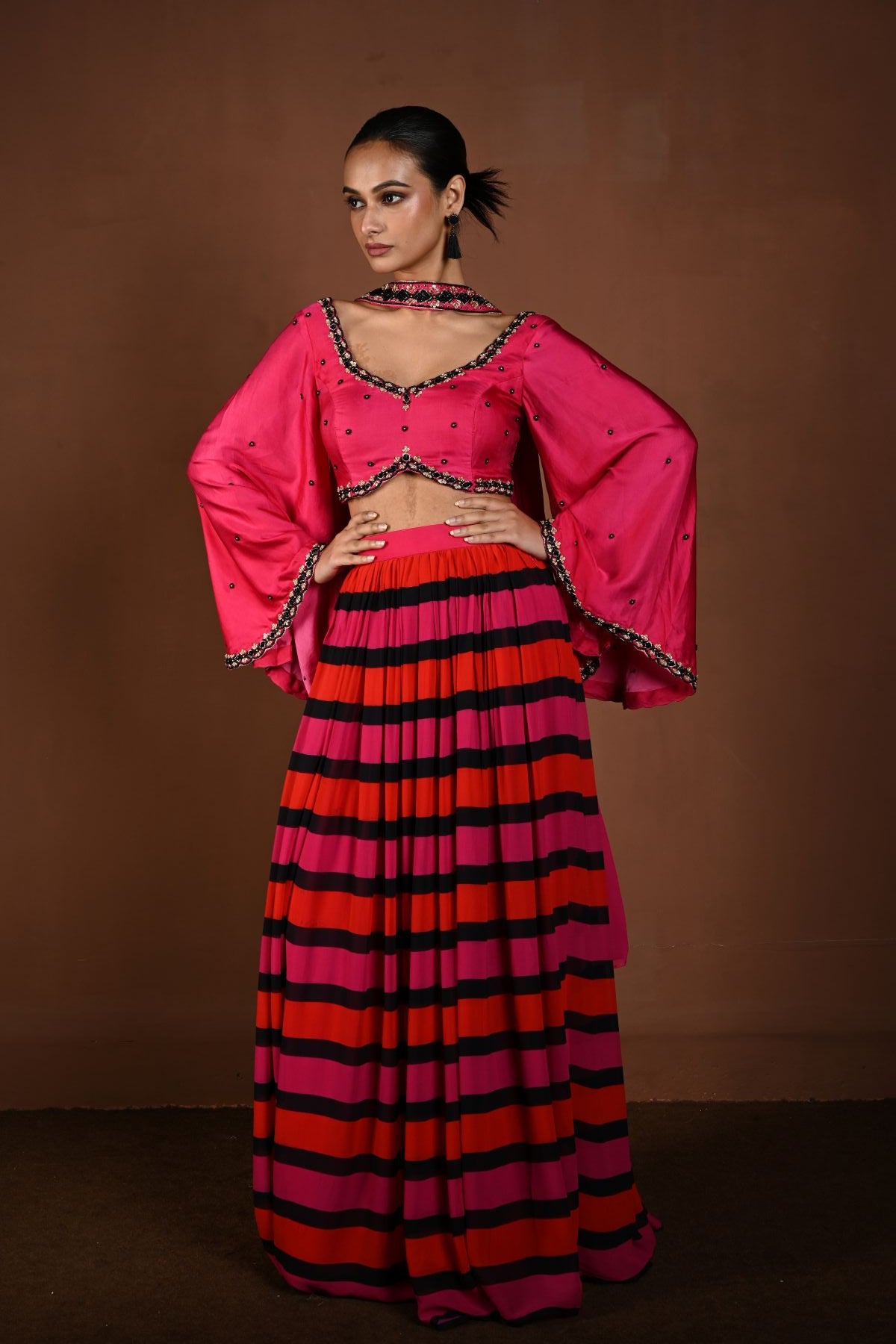 Red and Pink Striped Lehenga with Hand Embroidered Bell Sleeve Choli and Choker Dupatta - Anvi Couture