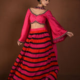 Red and Pink Striped Lehenga with Hand Embroidered Bell Sleeve Choli and Choker Dupatta - Anvi Couture