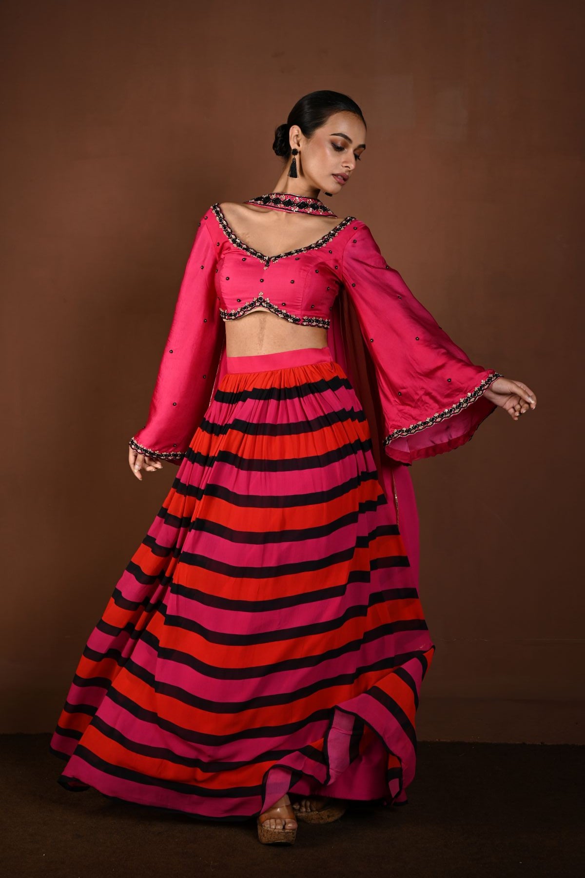 Red and Pink Striped Lehenga with Hand Embroidered Bell Sleeve Choli and Choker Dupatta - Anvi Couture
