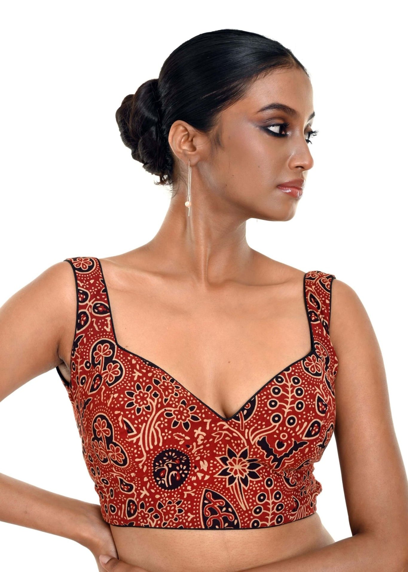Maroon Ajrakh Pure Cotton Sleeveless Blouse with Sweetheart Neckline - Anvi Couture - Image 2