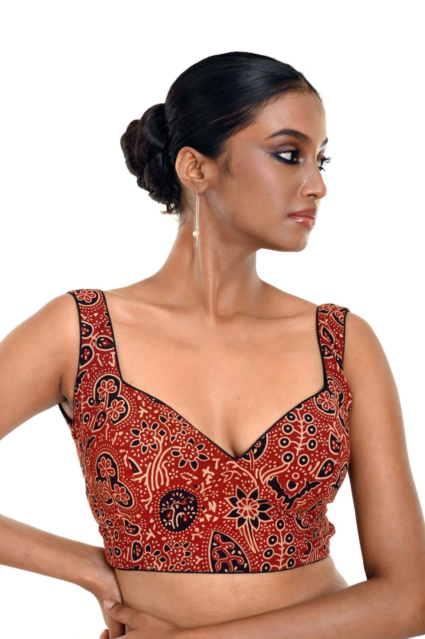 Maroon Ajrakh Pure Cotton Sleeveless Blouse with Sweetheart Neckline - Anvi Couture - Image 2