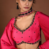 Red and Pink Striped Lehenga with Hand Embroidered Bell Sleeve Choli and Choker Dupatta - Anvi Couture