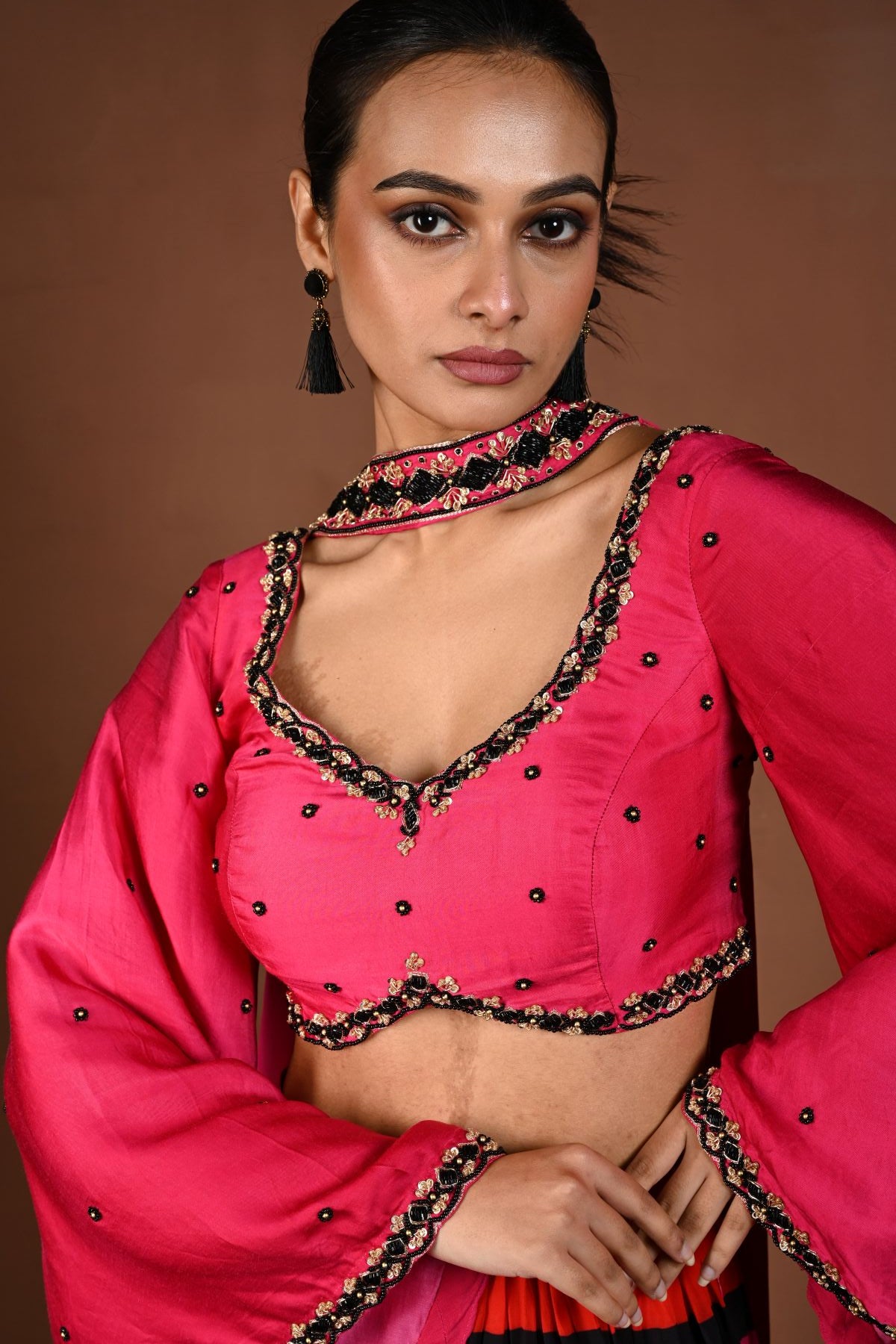 Red and Pink Striped Lehenga with Hand Embroidered Bell Sleeve Choli and Choker Dupatta - Anvi Couture