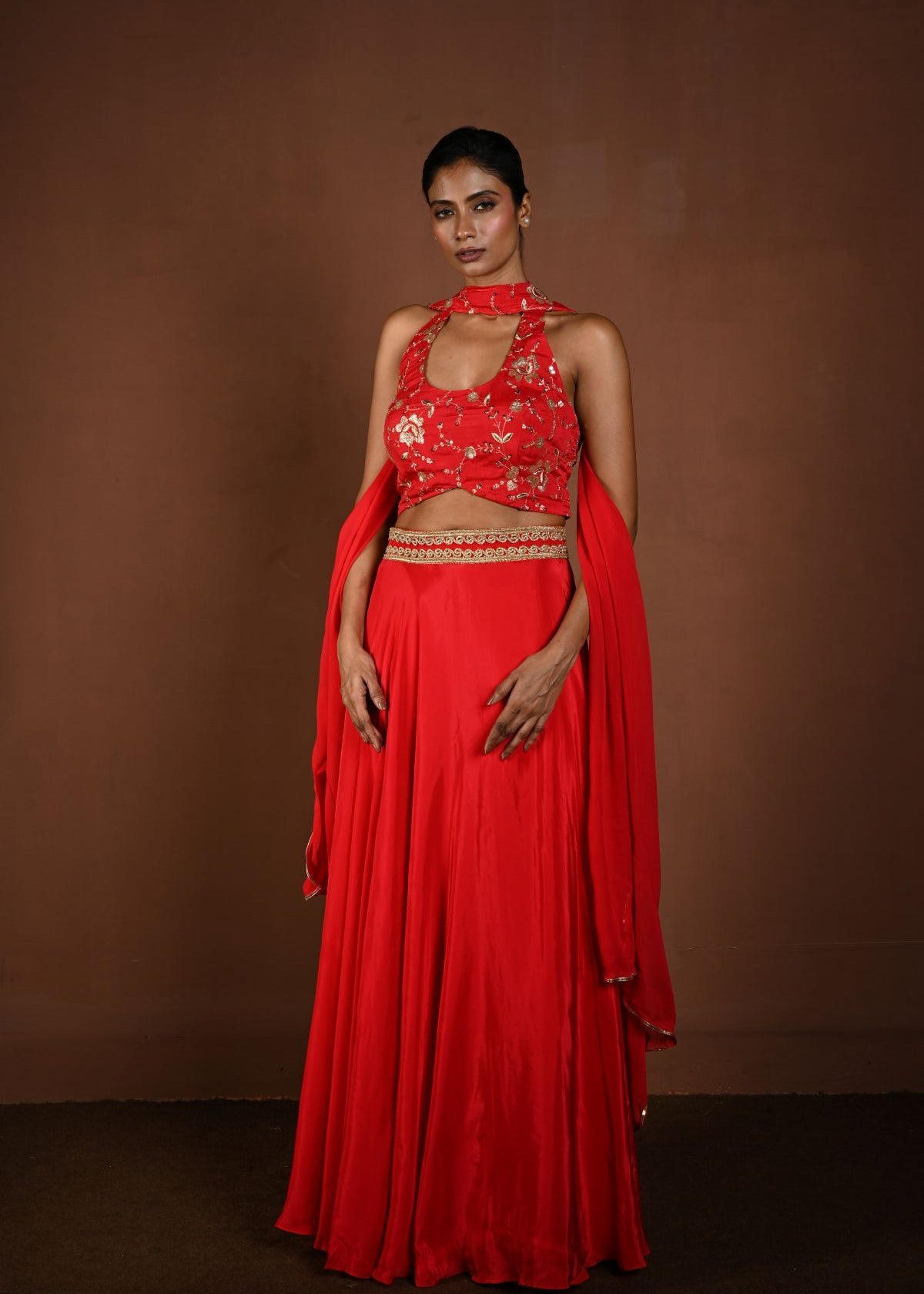 Red Lehenga Set with Halter Neck Choli and Choker Dupatta - Anvi Couture