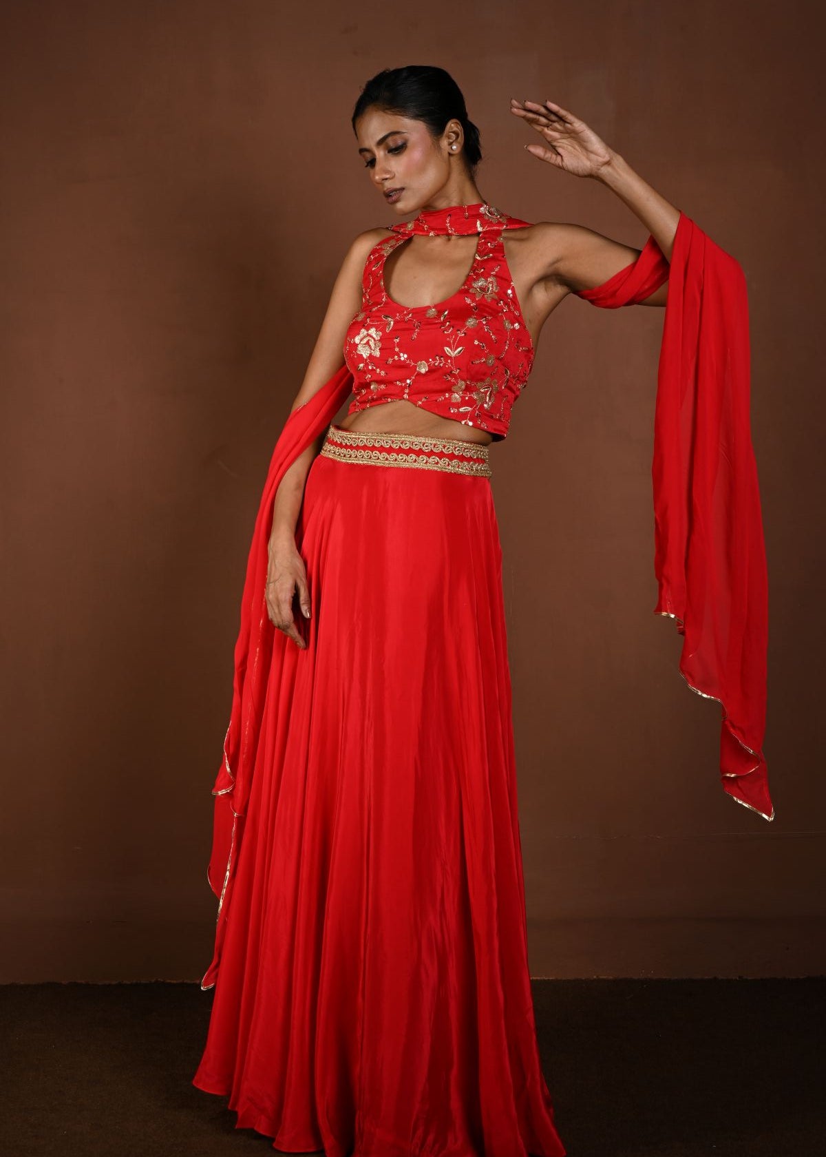 Red Lehenga Set with Halter Neck Choli and Choker Dupatta - Anvi Couture