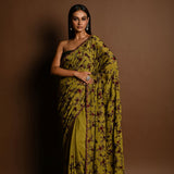 Olive Green Thread Work Cutdana Scalloped Border Pure Georgette Saree - Image 4