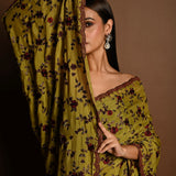 Olive Green Thread Work Cutdana Scalloped Border Pure Georgette Saree - Image 3