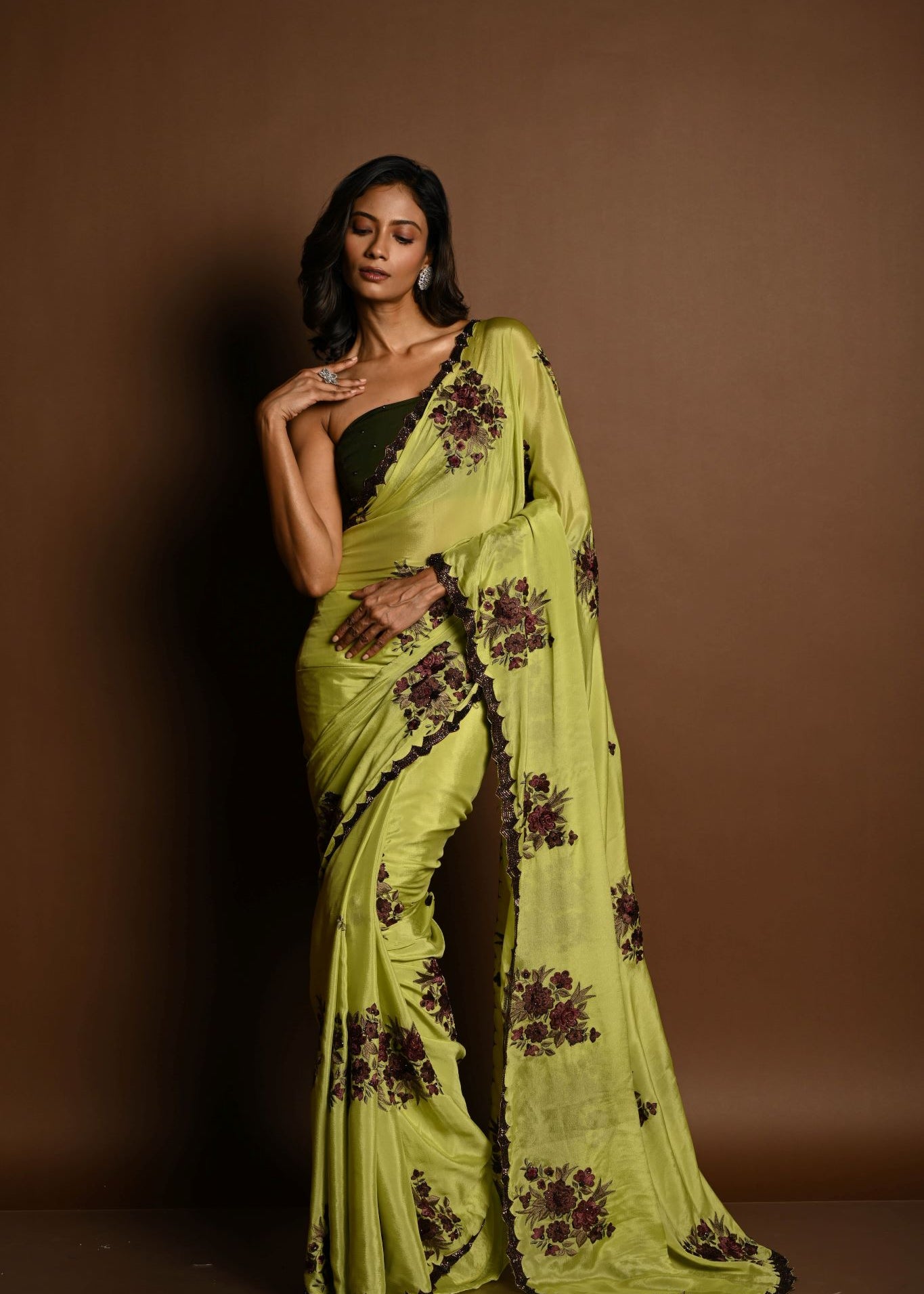 Olive Green Beautiful Thread Embroidery Sequin Floral Work on Satin Silk Saree - Image 2
